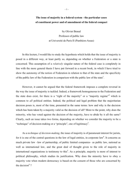 The Issue of Majority in a Federal System - the Particular Cases of Constituent Power and of Amendment of the Federal Compact