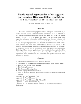 Semiclassical Asymptotics of Orthogonal Polynomials, Riemann-Hilbert Problem, and Universality in the Matrix Model