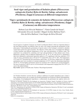 Seed Vigor and Germination of Facheiro Plants (Pilosocereus Catingicola (Gurke) Byles & Rowley Subsp