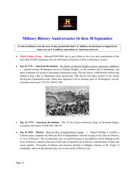 Military History Anniversaries 16 Thru 30 September