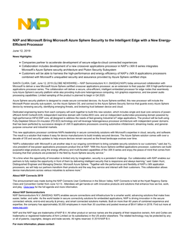 NXP and Microsoft Bring Microsoft Azure Sphere Security to the Intelligent Edge with a New Energy- Efficient Processor