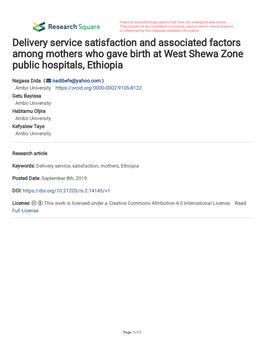 Delivery Service Satisfaction and Associated Factors Among Mothers Who Gave Birth at West Shewa Zone Public Hospitals, Ethiopia