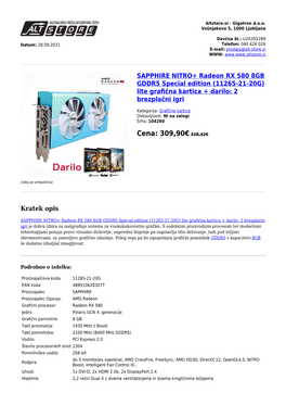 SAPPHIRE NITRO+ Radeon RX 580 8GB GDDR5 Special Edition (11265-21-20G) Lite Graﬁčna Kartica + Darilo: 2 Brezplačni Igri