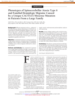 Phenotypes of Spinocerebellar Ataxia Type 6 and Familial Hemiplegic Migraine Caused by a Unique CACNA1A Missense Mutation in Patients from a Large Family