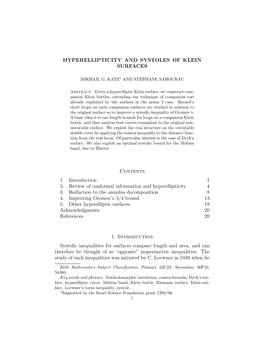 HYPERELLIPTICITY and SYSTOLES of KLEIN SURFACES Contents 1