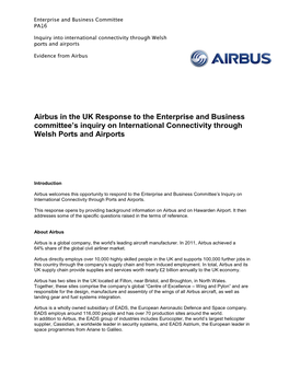 Airbus in the UK Response to the Enterprise and Business Committee’S Inquiry on International Connectivity Through Welsh Ports and Airports