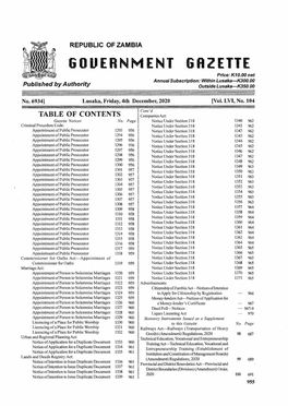 I GOUERNMENT GAZETTE Price: K10.00 Net Annual Subscription: Within Lusaka—K300.00 Published by Authority Outside L Usaka—K350.00