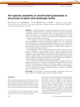 Ant Species Assembly in Constructed Grasslands Is Structured at Patch and Landscape Levels
