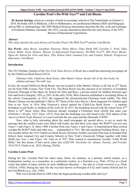 Impact Factor 3.582 Case Studies Journal ISSN (2305-509X) – Volume 7, Issue 9–Sep-2018 Caroline Pratt’S Do-With Toys™ and Unit Blocks