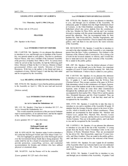 LEGISLATIVE ASSEMBLY of ALBERTA [The House Met at 2:30 P.M.] PRAYERS [Mr. Speaker in the Chair] Head: INTRODUCTION of VISITORS D