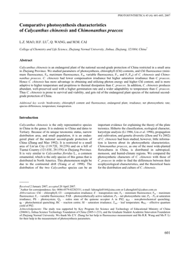 Comparative Photosynthesis Characteristics of Calycanthus Chinensis and Chimonanthus Praecox