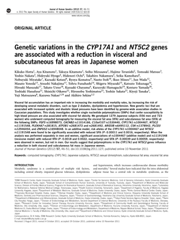 Genetic Variations in the CYP17A1 and NT5C2 Genes Are Associated with a Reduction in Visceral and Subcutaneous Fat Areas in Japanese Women