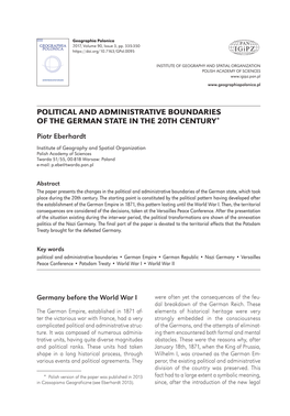 Geographia Polonica Vol. 90 No. 3 (2017) Political and Administrative Boundaries of the German Statei N the 20Th Century