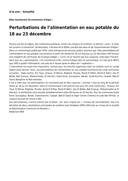 Perturbations De L'alimentation En Eau Potable Du 18 Au