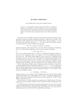 QUARTIC EXERCISES It Is Known Since the Xvith Century That the Solution of Quartic Equations Can Be Obtained by Means of Auxilia