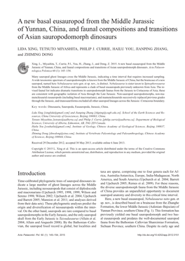 A New Basal Eusauropod from the Middle Jurassic of Yunnan, China, and Faunal Compositions and Transitions of Asian Sauropodomorph Dinosaurs