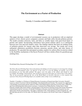 The Environment As a Factor of Production