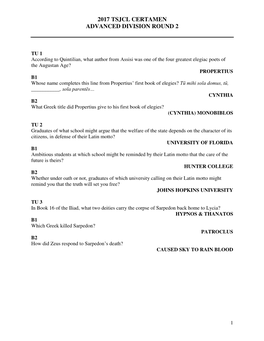 2017 Tsjcl Certamen Advanced Division Round 2