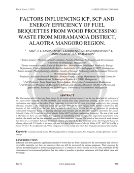 Factors Influencing Icp, Scp and Energy Efficiency of Fuel Briquettes from Wood Processing Waste from Moramanga District, Alaotra Mangoro Region