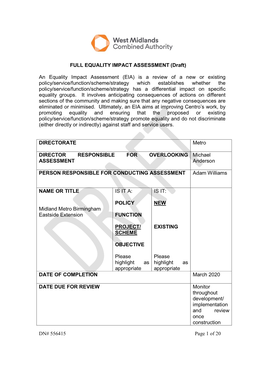 DN# 556415 Page 1 of 20 FULL EQUALITY IMPACT ASSESSMENT (Draft) an Equality Impact Assessment (EIA) Is a Review of a New Or Exis