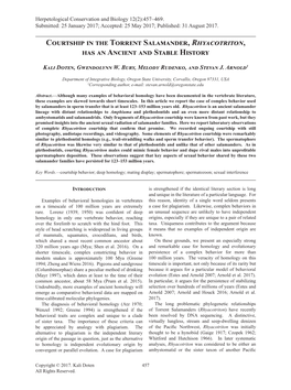 Courtship in the Torrent Salamander, Rhyacotriton, Has an Ancient and Stable History