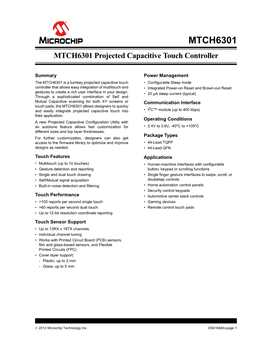 MTCH6301 Projected Capacitive Touch Controller Product Brief