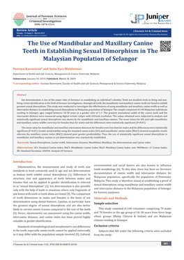 The Use of Mandibular and Maxillary Canine Teeth in Establishing Sexual Dimorphism in the Malaysian Population of Selangor