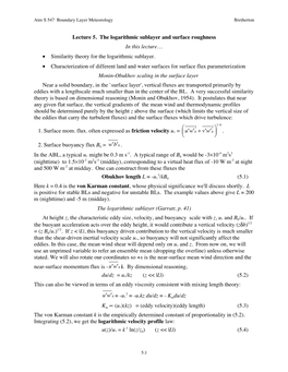 Lecture 5. the Logarithmic Sublayer and Surface Roughness in This Lecture… • Similarity Theory for the Logarithmic Sublayer