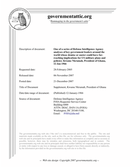 DIA Analysis of Kwame Nkrumah, President of Ghana, 12 Jan 1966
