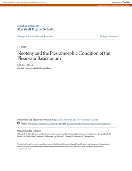 Neoteny and the Plesiomorphic Condition of the Plesiosaur Basicranium F