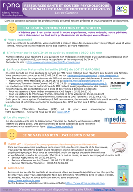 RESSOURCES SANTÉ ET SOUTIEN PSYCHOLOGIQUE EN PÉRINATALITÉ DANS LE CONTEXTE DU COVID-19 Lot-Et-Garonne J'ai BESOIN D'infor