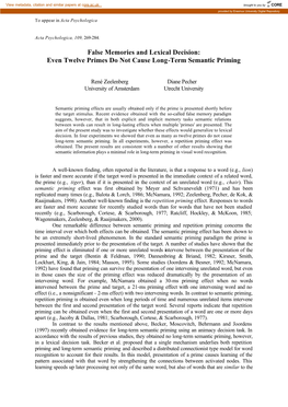 False Memories and Lexical Decision: Even Twelve Primes Do Not Cause Long-Term Semantic Priming