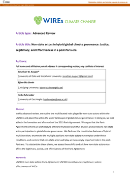 Non-State Actors in Hybrid Global Climate Governance: Justice, Legitimacy, and Effectiveness in a Post-Paris Era