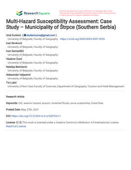 Multi-Hazard Susceptibility Assessment: Case Study – Municipality of Štrpce (Southern Serbia)