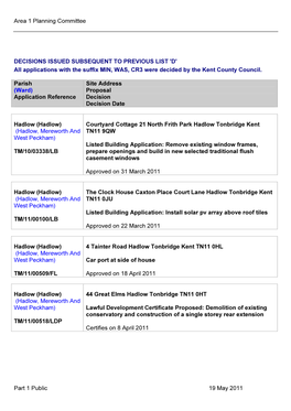 Area 1 Planning Committee Part 1 Public 19 May 2011 DECISIONS ISSUED SUBSEQUENT to PREVIOUS LIST 'D' All Applications With