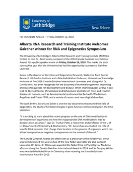 Alberta RNA Research and Training Institute Welcomes Gairdner Winner for RNA and Epigenetics Symposium