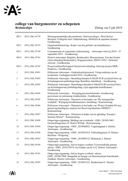 College Van Burgemeester En Schepenen Besluitenlijst Zitting Van 5 Juli 2019
