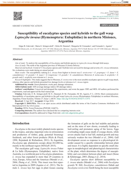 Susceptibility of Eucalyptus Species and Hybrids to the Gall Wasp Leptocybe Invasa (Hymenoptera: Eulophidae) in Northern Misiones, Argentina Edgar R