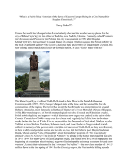 “What's a Fairly Nice Historian of the Jews of Eastern Europe Doing in a City Named for Bogdan Chmielnicki?” Nancy Sinkoff