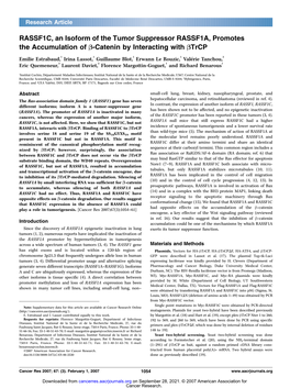 RASSF1C, an Isoform of the Tumor Suppressor RASSF1A, Promotes the Accumulation of B-Catenin by Interacting with Btrcp