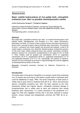 Major Volatile Hydrocarbons of Rice Paddy Herb, Limnophila Aromatica Lam. Merr As Possible Chemotaxonomic Marker