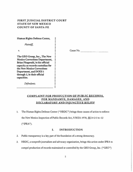 FIRST JUDICIAL DISTRICT COURT STATE of NEW MEXICO COUNTY of SANTA FE Human Rights Defense Center, Plaintif.T V. the GEO Group, I