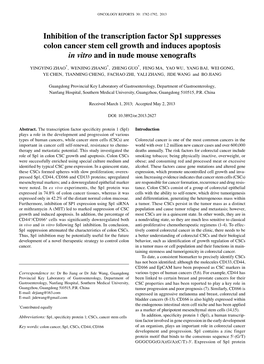 Inhibition of the Transcription Factor Sp1 Suppresses Colon Cancer Stem Cell Growth and Induces Apoptosis in Vitro and in Nude Mouse Xenografts