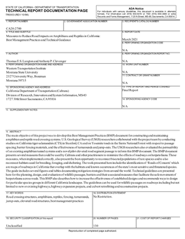 Measures to Reduce Road Impacts on Amphibians and Reptiles in California Best Management Practices and Technical Guidance