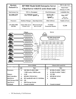 HP 9000 Model K460 Enterprise Server Client/Server with 8 E Series