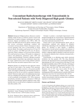 Concomitant Radiochemotherapy with Temozolomide in Non-Selected Patients with Newly Diagnosed High-Grade Gliomas