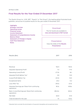 Final Results for the Year Ended 31 December 2017