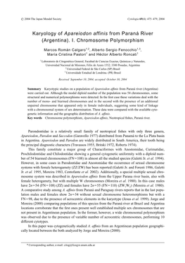 Karyology of Apareiodon Affinis from Paraná River (Argentina). I. Chromosome Polymorphism