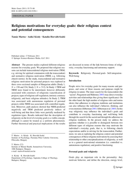 Religious Motivations for Everyday Goals: Their Religious Context and Potential Consequences