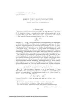 LATTICE POINTS in SIMPLE POLYTOPES 1. Introduction Consider a Convex N-Dimensional Polytope P in Rn with All Vertices in The